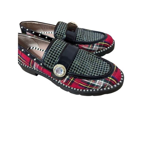 SIMONEE RED PLAID Platform Lace-Up Pearl Embellished Leopard  Betsey Johnson Plaid Platform Loafers – Women’s 6.5